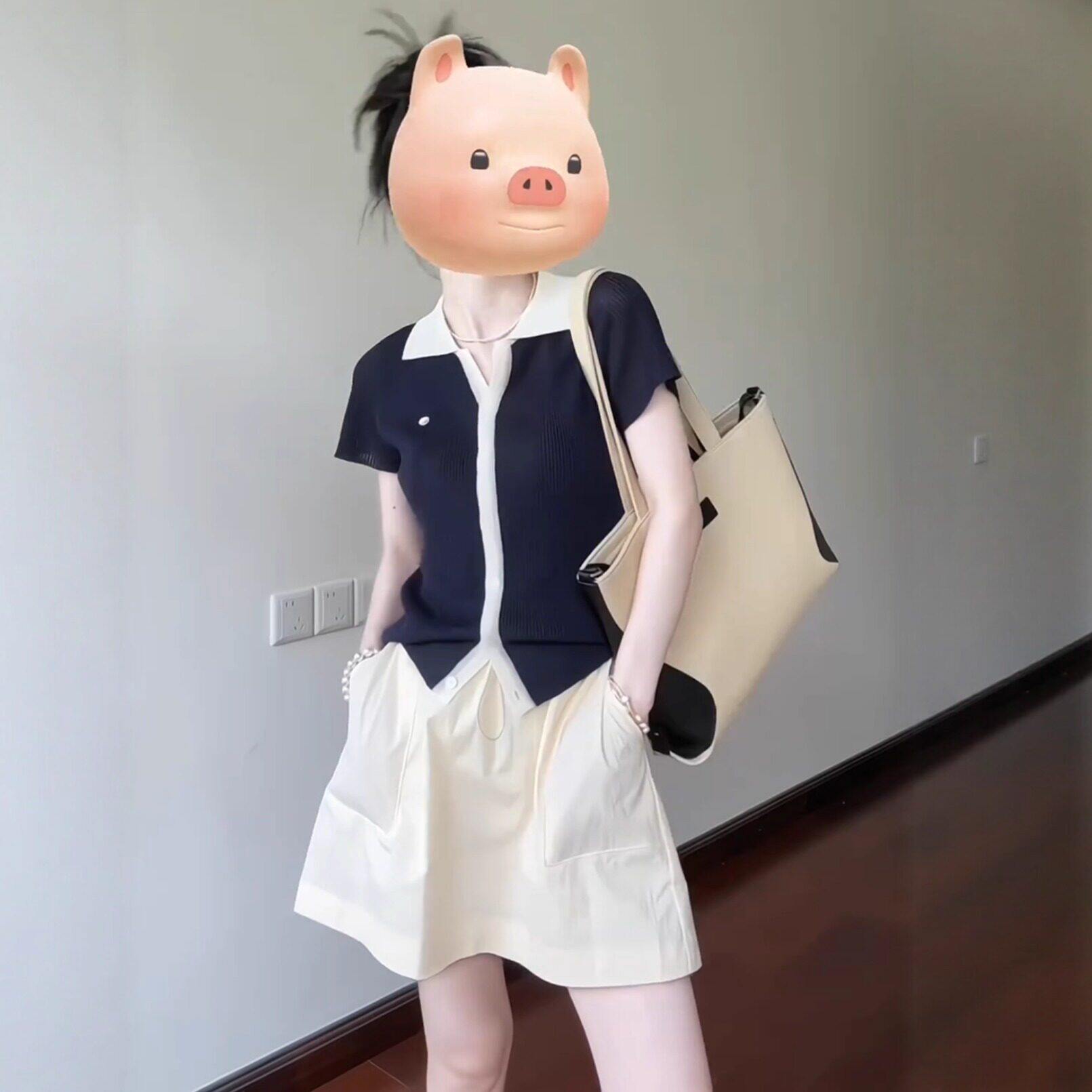 巨好看的夏季套装女单排扣翻领撞色短袖上衣a字裙短裙气质两件套