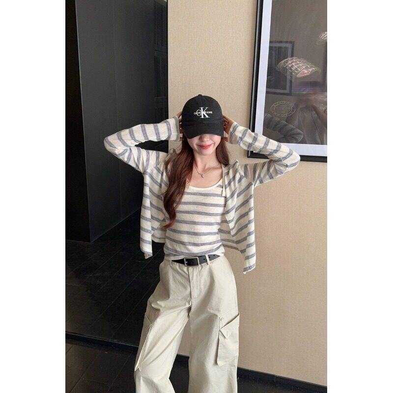 kumikumi甜美风套装设计感条纹针织开衫女春季内搭吊带背心两件套