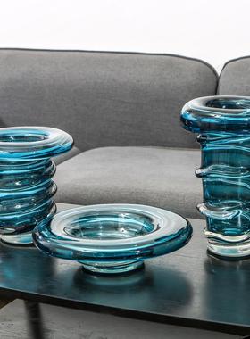 北欧抽象蓝色透明玻璃花瓶 轻奢客厅装饰品家居样板间摆件工艺品