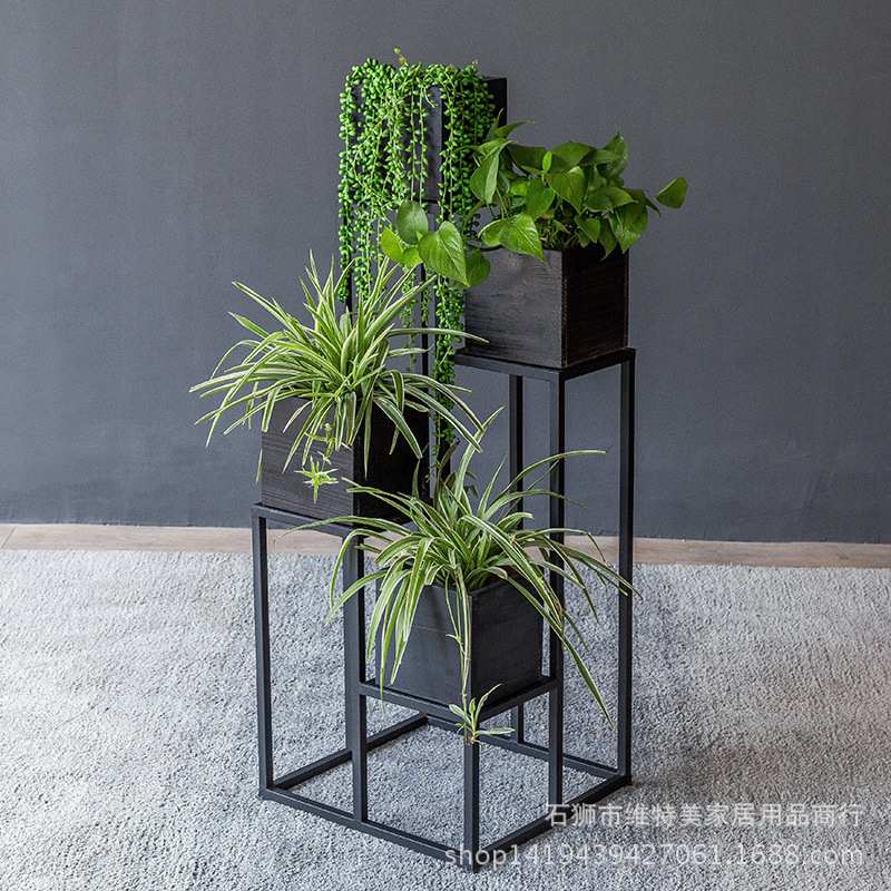 现代简约铁艺花架 阳台多层置物架展示架 客厅落地花盆架实木摆架