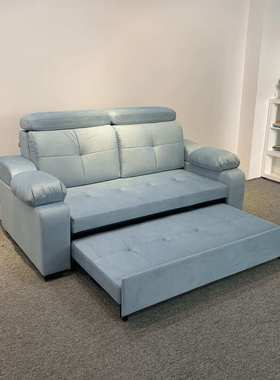 清新浅蓝色超纤皮扶手连接小枕头设计三节状态头枕调节功能沙发床