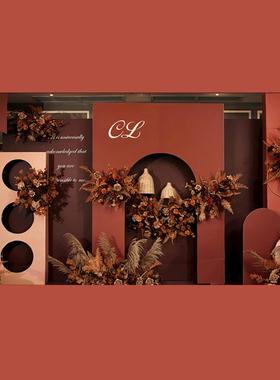 橙色婚宴大型纯色多层整套婚礼布置中国风立体泡沫背景板订婚KT板