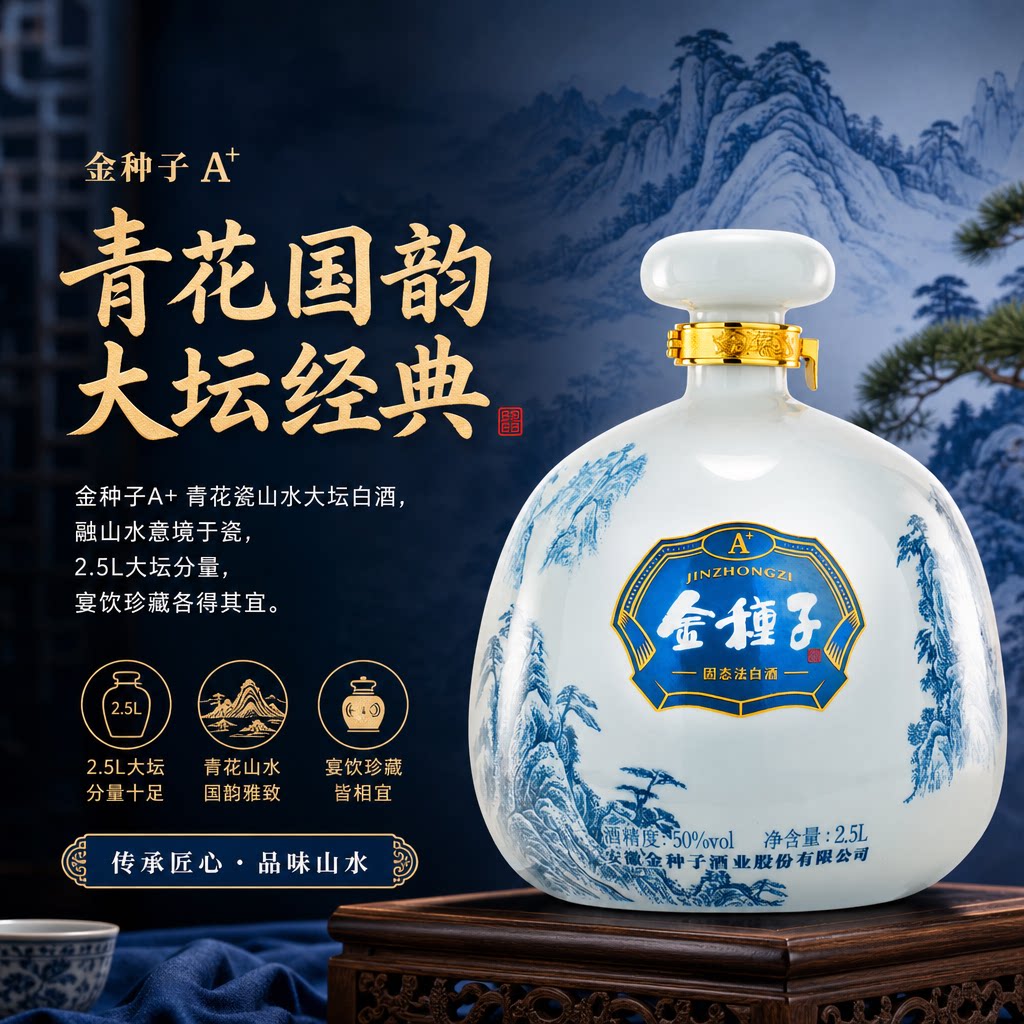 金种子青花大坛50度2.5L浓香型固态法纯粮白酒送礼必备国产口粮酒