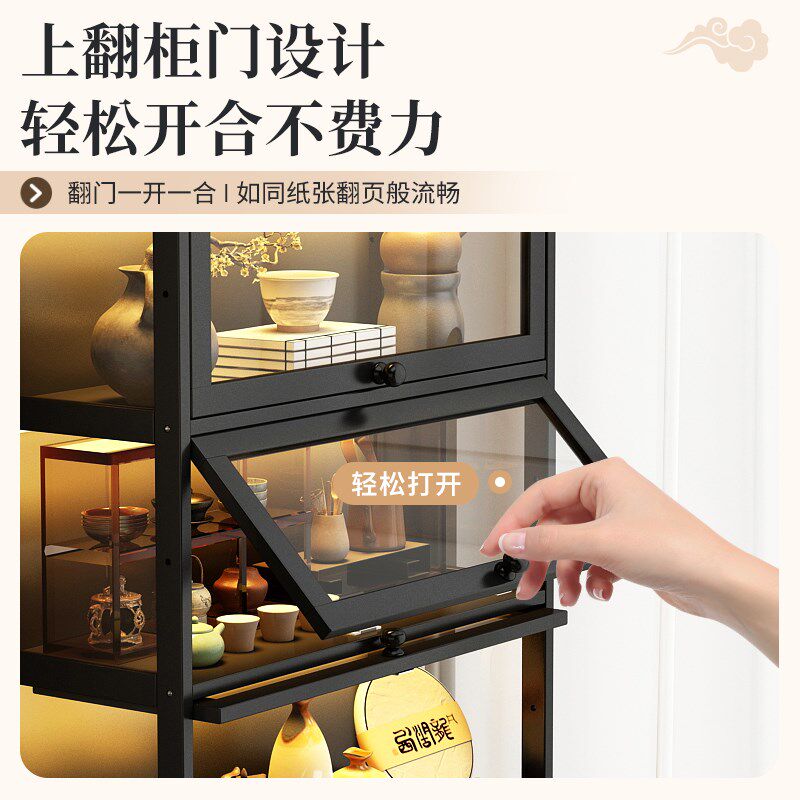 复古博古架防尘茶叶展示柜带锁带灯茶柜置物架茶具收纳紫砂壶摆放