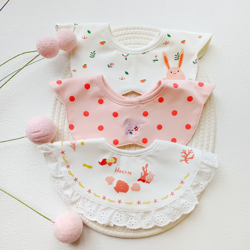 婴儿童纯棉防水口水巾宝宝360度刺绣立体图案围嘴饭兜假领子0-3岁