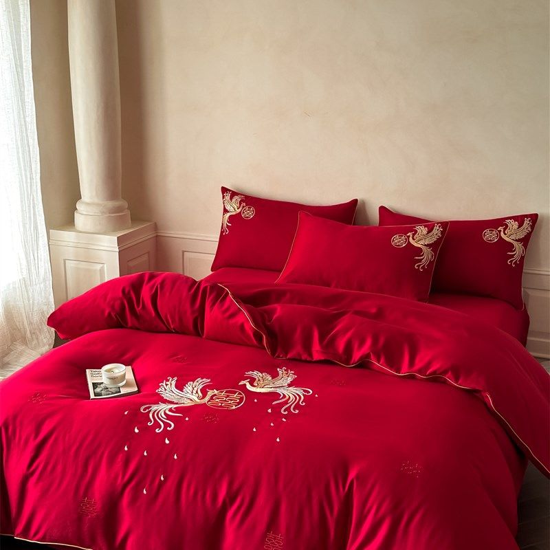 新中式100支婚庆四件套大红色床单纯棉被套喜被结婚高档床上用品4