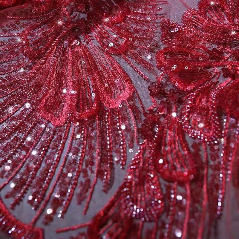 立体花朵蝴蝶翅膀c57钉珠亮片红色蕾丝礼服婚纱面料任意贴片辅料