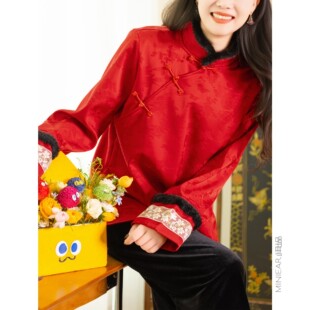 【年服系列】牡丹暗纹提花/毛条拼接/加绒加厚 重工珠绣立领上衣