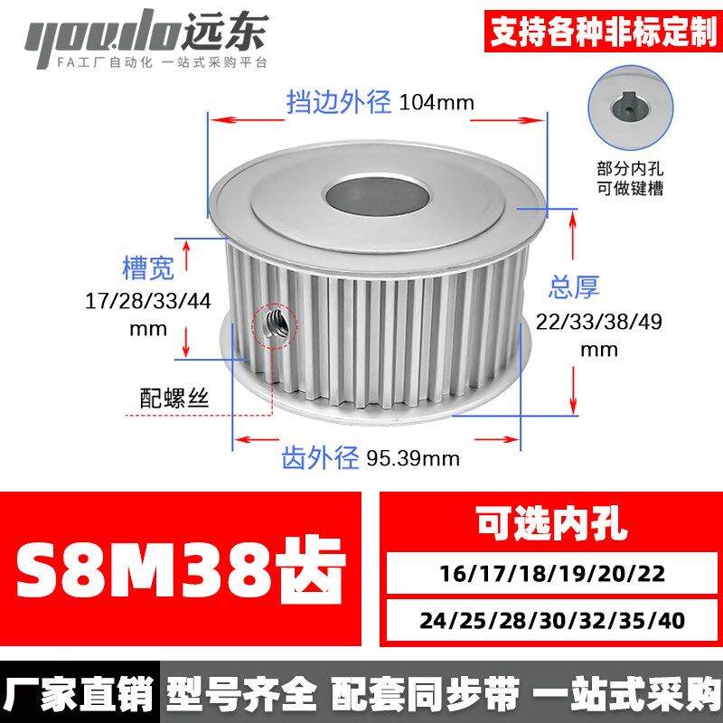 S8M38齿两面平 无台同步轮AF型 38S8M高扭矩同步皮带轮 槽宽17/28