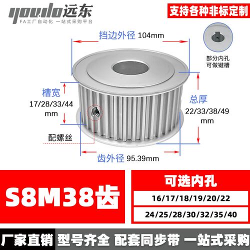 S8M38齿两面平 无台同步轮AF型 38S8M高扭矩同步皮带轮 槽宽33/44