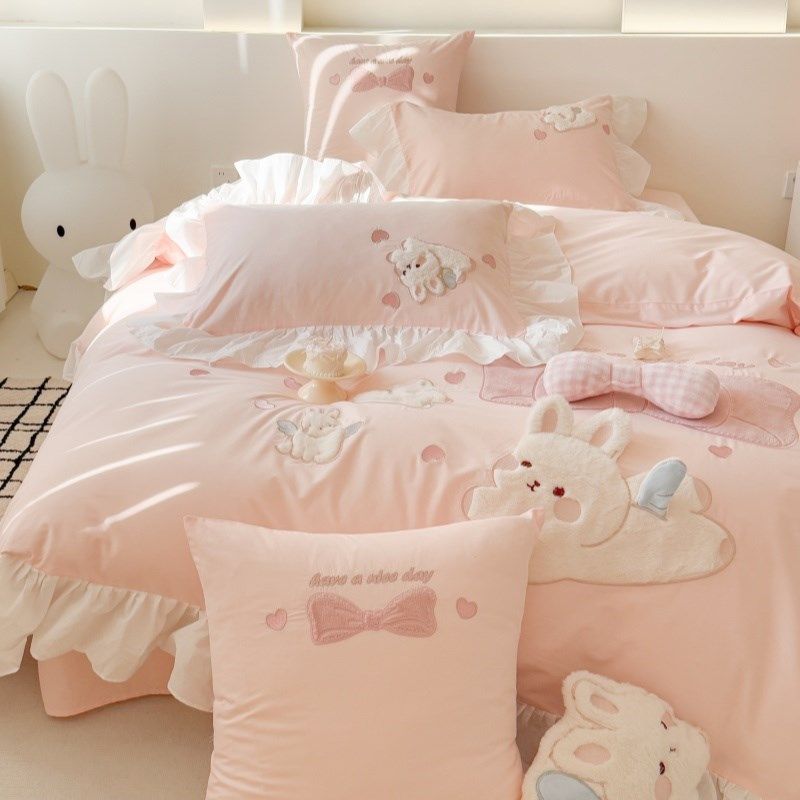 少女心可爱兔子全棉水洗棉四件套卡通刺绣公主风纯棉床单被套床品,床上用品,床品套件/四件套/多件套,淘宝优惠券,粉丝福利购,淘宝优惠卷