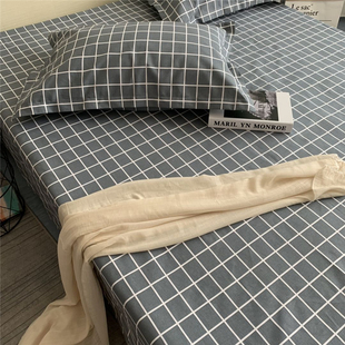 纯棉老粗布床单帆布加大炕单三件套单人学生宿舍加厚格子全棉床笠