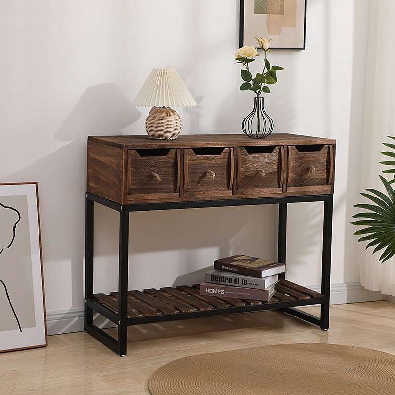 美式实木斗柜收纳柜卧室复古边柜客厅架子玄关柜子北欧铁艺阳台柜