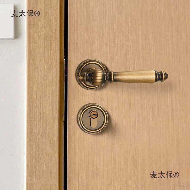 室内木门锁法式黄古铜门锁房间复古门把手美式磁吸静音分体麦太保