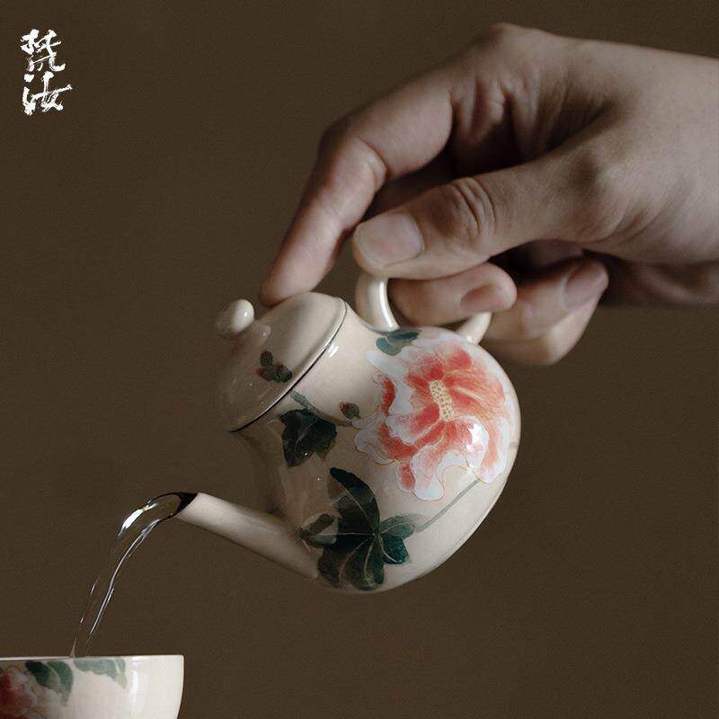 梵汝粉彩纯手绘牡丹梦亭壶釉下彩高档文人小品手执壶泡茶壶带过滤