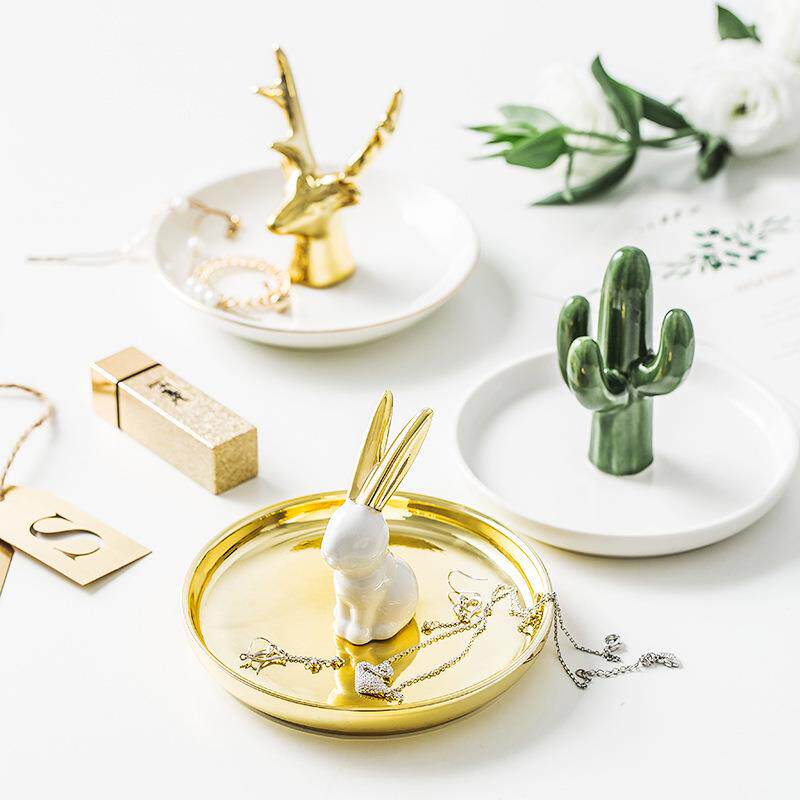兔子首饰盘梳妆台收纳盘陶瓷工艺品摆件戒指托盘北欧电镀金礼品