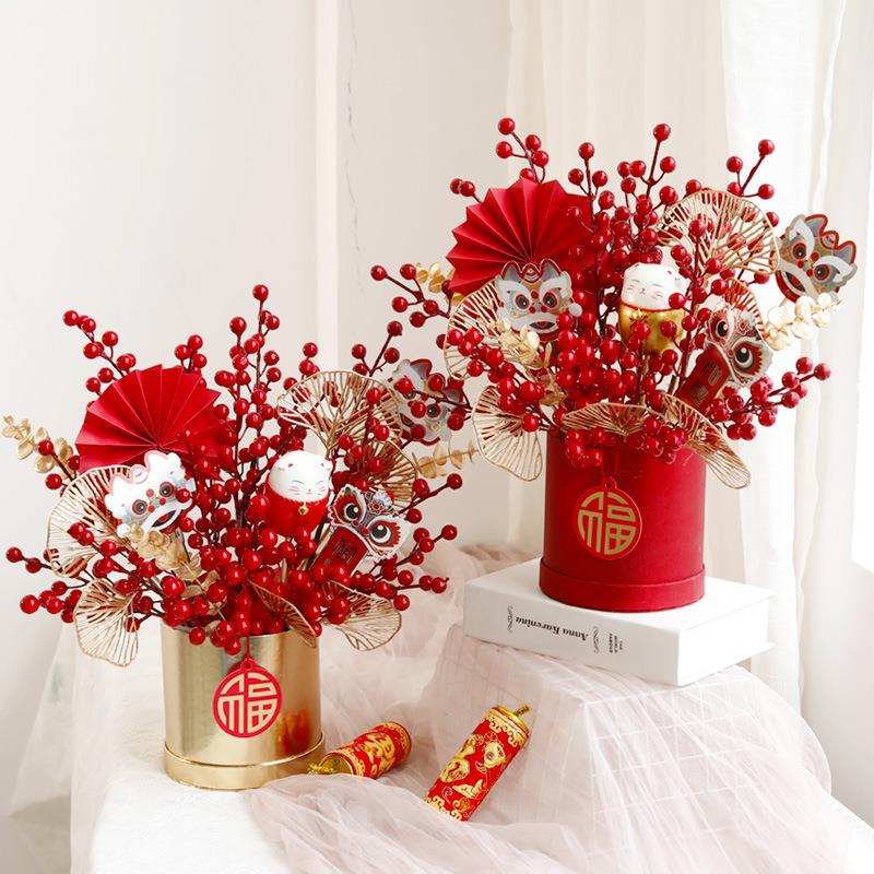 2025新年年宵花成品福桶diy过年春节礼盒冬青银柳仿真花手工材料