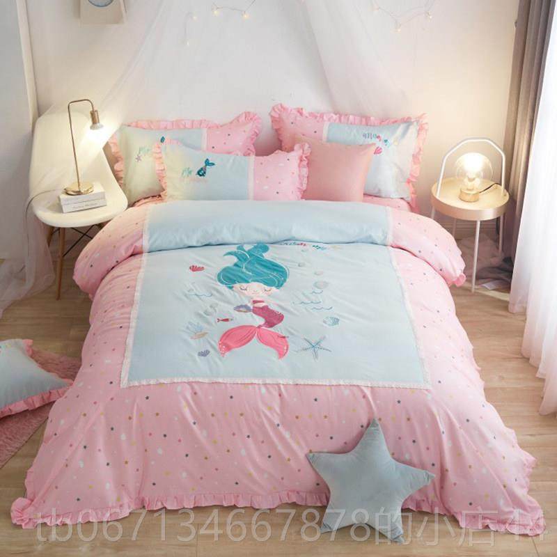 高档儿童卡通全棉床单被女孩纯套棉四小件套粉色主风1.5公m床笠三