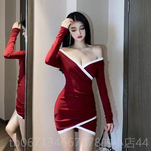 夜包臀打底长袖 气质深V拼色修身 胸性感连衣 低女装 高档场作服新款