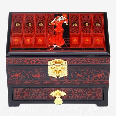 高档大陪嫁平遥推中光漆首饰盒螺细器古风木质复古梳妆盒带式结婚