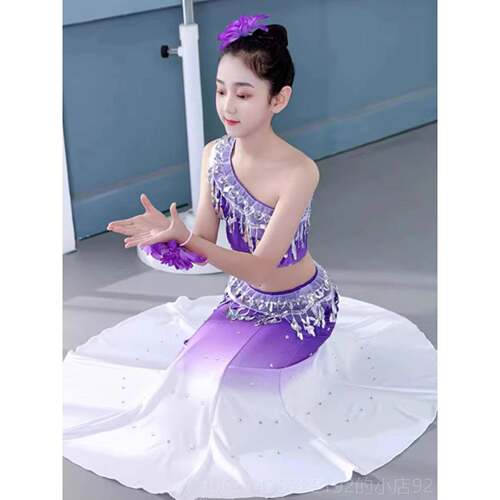 高档六一新款傣族童演出服鱼裙女童生学练习裙孔雀舞表演服儿尾艺