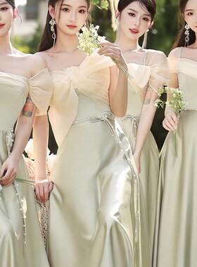 绿色缎面伴娘服2024新款姐妹团晚礼服裙大码婚礼小众高级感仙气质