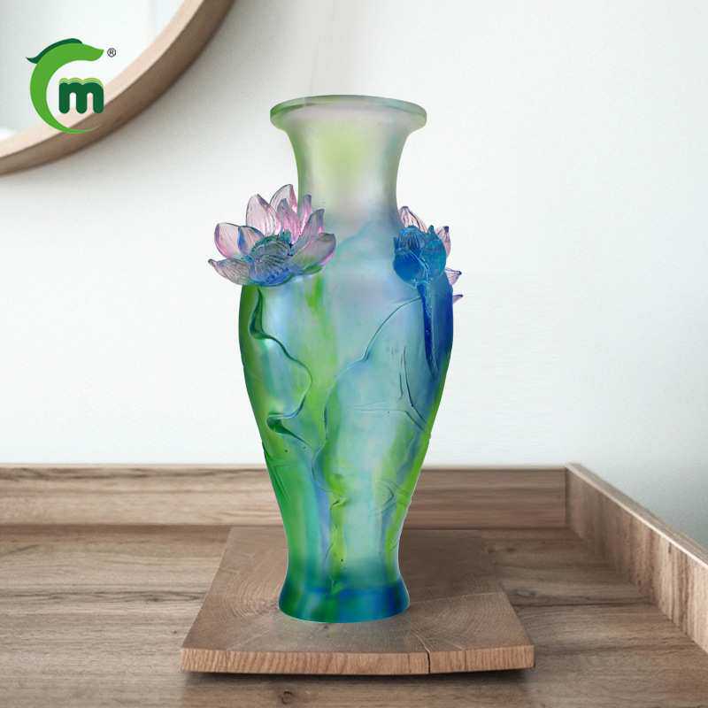 锋明琉璃花瓶工艺摆件供佛荷花花瓶客厅插花乔迁新居礼品禅意用品