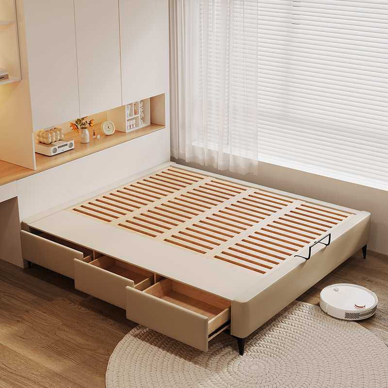 意式极简无床头床现代轻奢小户型榉木排骨架实木抽屉床儿童皮艺床