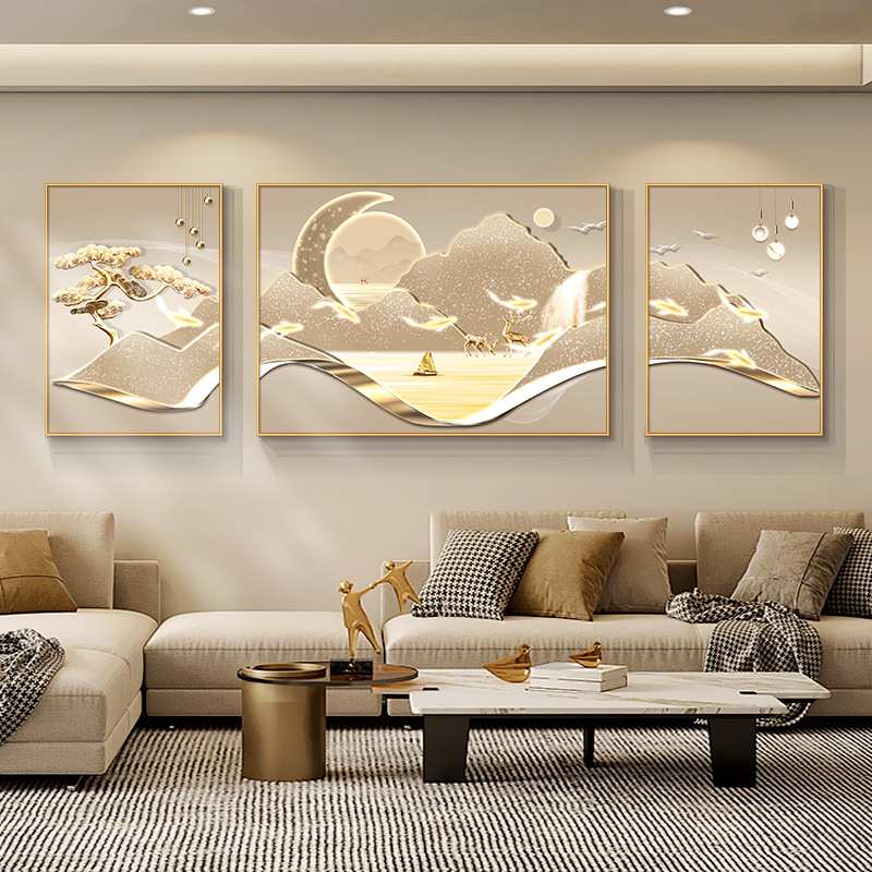 现代轻奢客厅装饰画高级感寓意好三联画沙发背景墙挂画九鱼图壁画