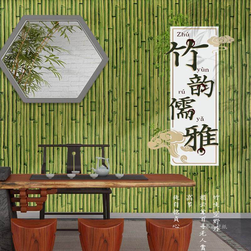 中式复古3d立体仿竹子竹席竹编墙纸绿色古风饭店餐厅工程竹纹壁纸