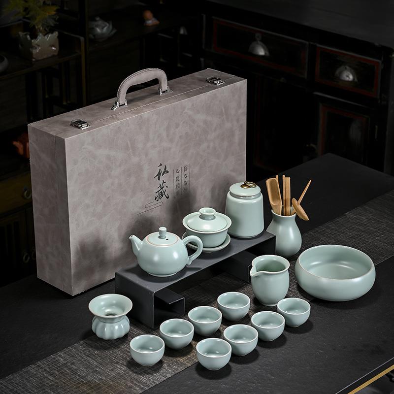 16头汝窑功夫陶瓷茶具套装家用客厅办公室高档泡茶壶茶杯盖碗整套