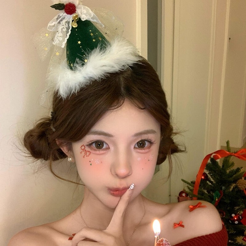 圣诞节蝴蝶结铃铛毛球绿色圣诞帽子女冬季氛围感头饰发饰毛绒帽