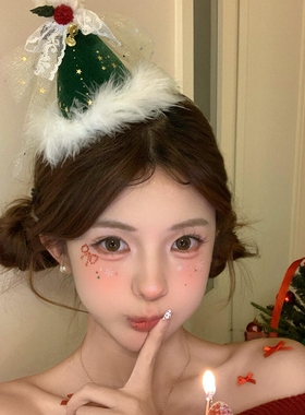 圣诞节蝴蝶结铃铛毛球绿色圣诞帽子女冬季氛围感头饰发饰毛绒帽