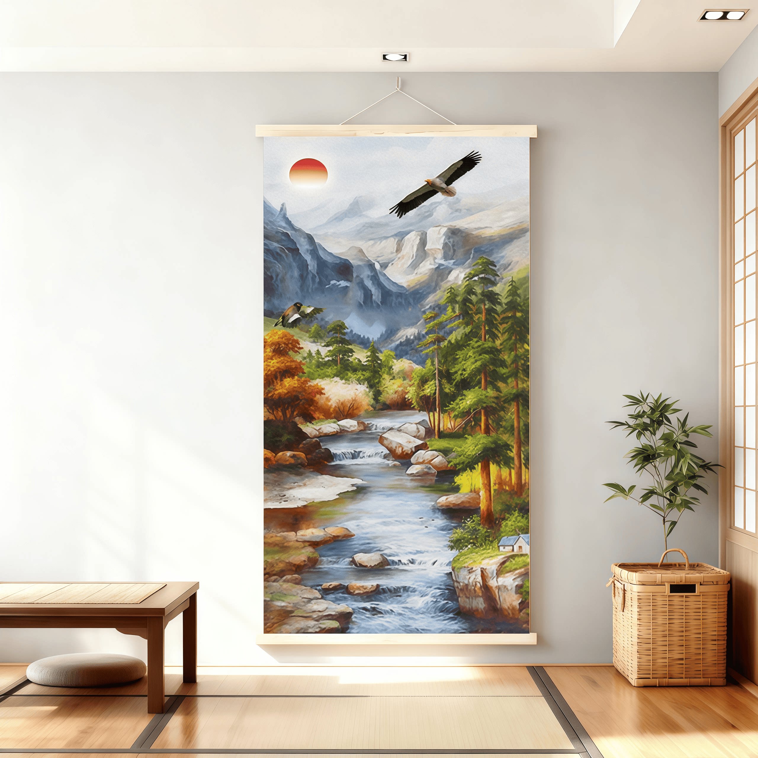中式山水风景油画卷轴画挂画客厅油画