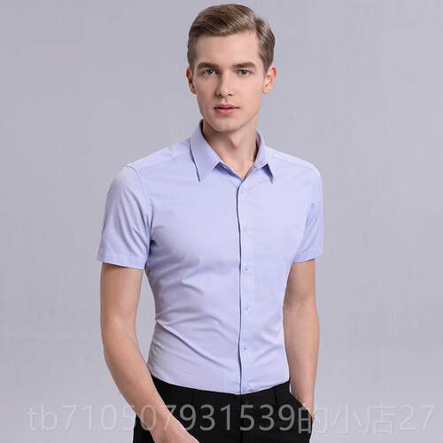 正品白衬衫男士短袖韩版身免商务高端结婚斜纹烫蓝色半修袖衬衣熨
