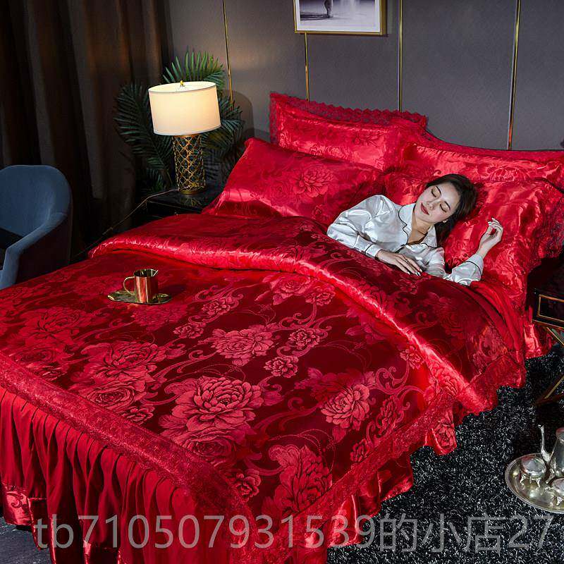 正品欧式床裙贡缎四件式包组提罩花被套全棉棉裸纯睡单双人床丝床