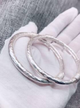 正品银99纯手镯女实足心锤纹覆古绕丝足银银男女9情侣手工定制民