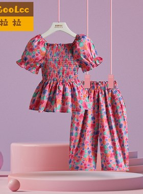 女童套装女宝夏装2025夏季新款小女孩碎花泡泡袖上衣七分裤两件套