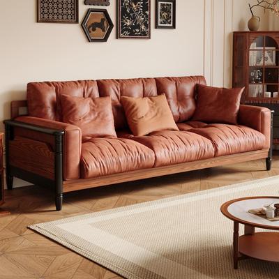 2025新款中古风三四人位直排全实木沙发小户型客厅转角布艺沙发