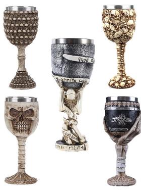 骷髅头酒杯树脂骷髅头杯子个性餐具居家摆件头骨红酒杯不锈钢内胆