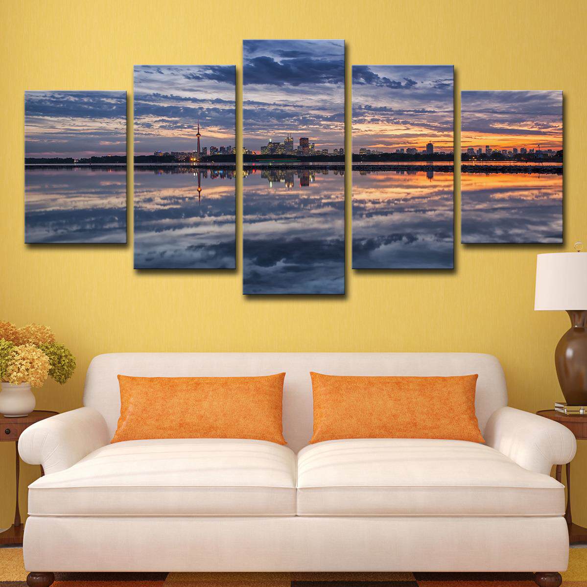 简欧客厅沙发背景装饰 HD打印画布海报晚霞海滨城市云墙山水画