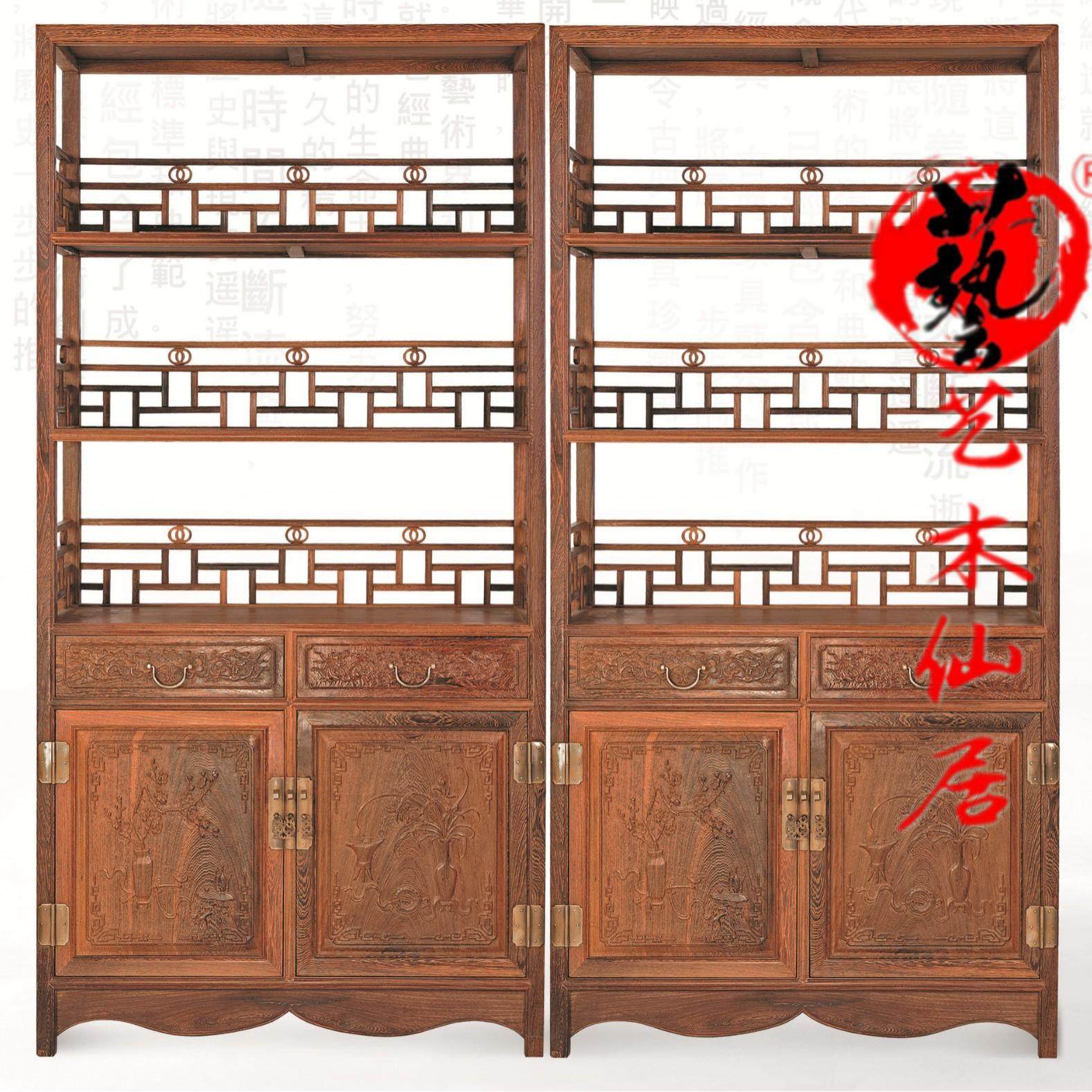红木家具实木书柜玻璃门鸡翅木储物柜书柜中式展示柜艺木仙居书架
