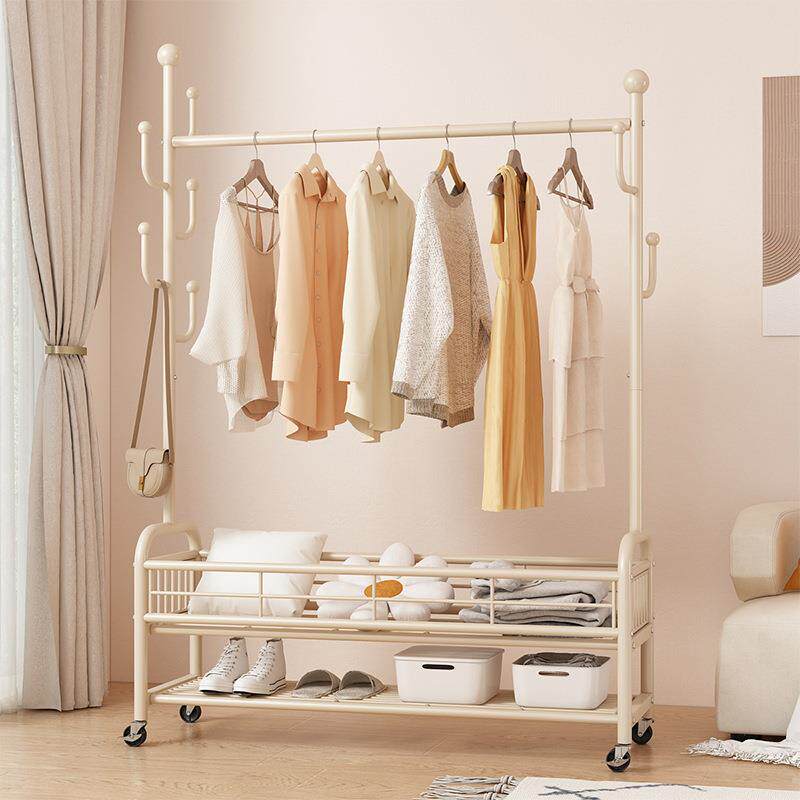 晾衣架落地卧室可移动家用奶油风阳台挂衣服架子室内简易杆衣帽架