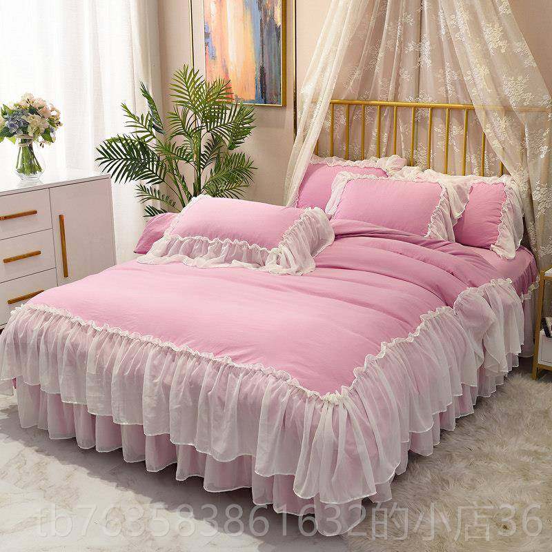 高档韩花式公主少女心棉水洗蕾丝雪纺边四件套纯灰色床裙风款床上