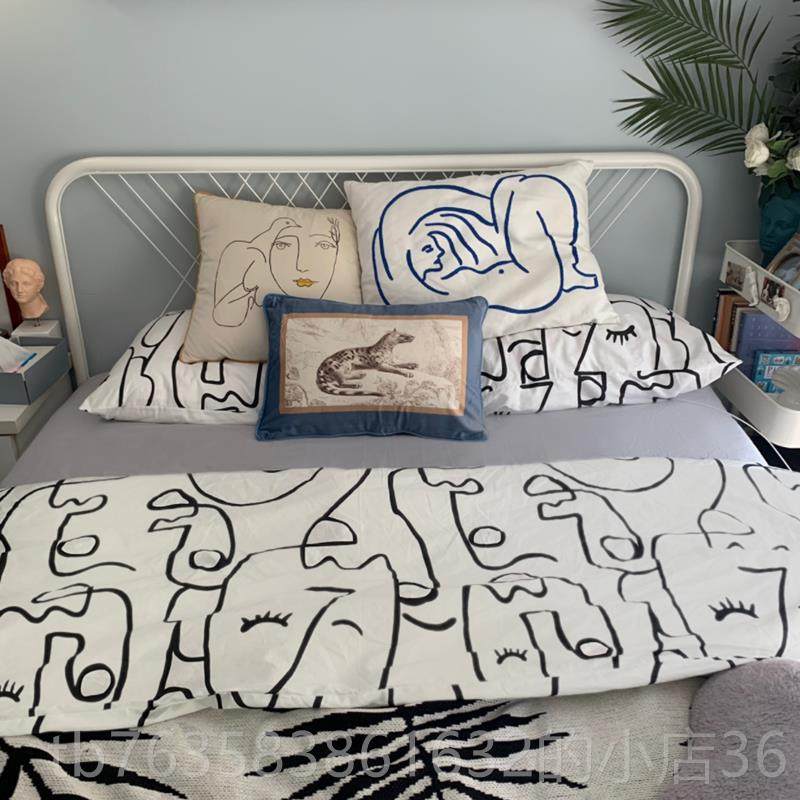高档北欧简约主义纯四士件抽象艺术套线条白色床品男棉双人被套床