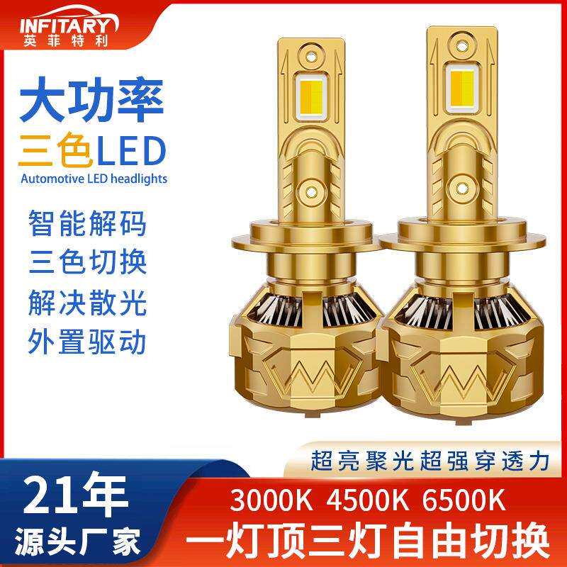 跨境双铜管汽车led大灯三色汽车大灯h7led车灯H4通用led汽车大灯