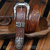 新款 覆古草皮唐植雕腰带头层牛皮裤 带立体雕刻鞣皮皮带真皮花黄纹