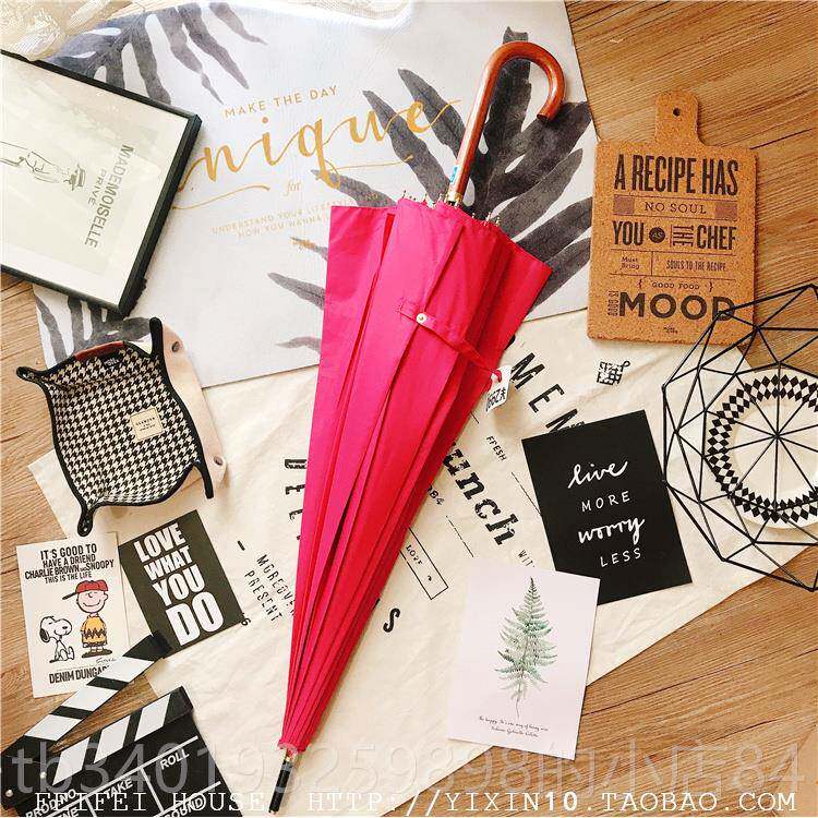 新款包日本木柄16骨伞防邮风两用长晴雨伞 纯色暴雨直柄伞男柄女