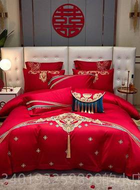 新款婚庆四件套红色全棉被套8床大单结婚刺绣纯套棉六十件床上用