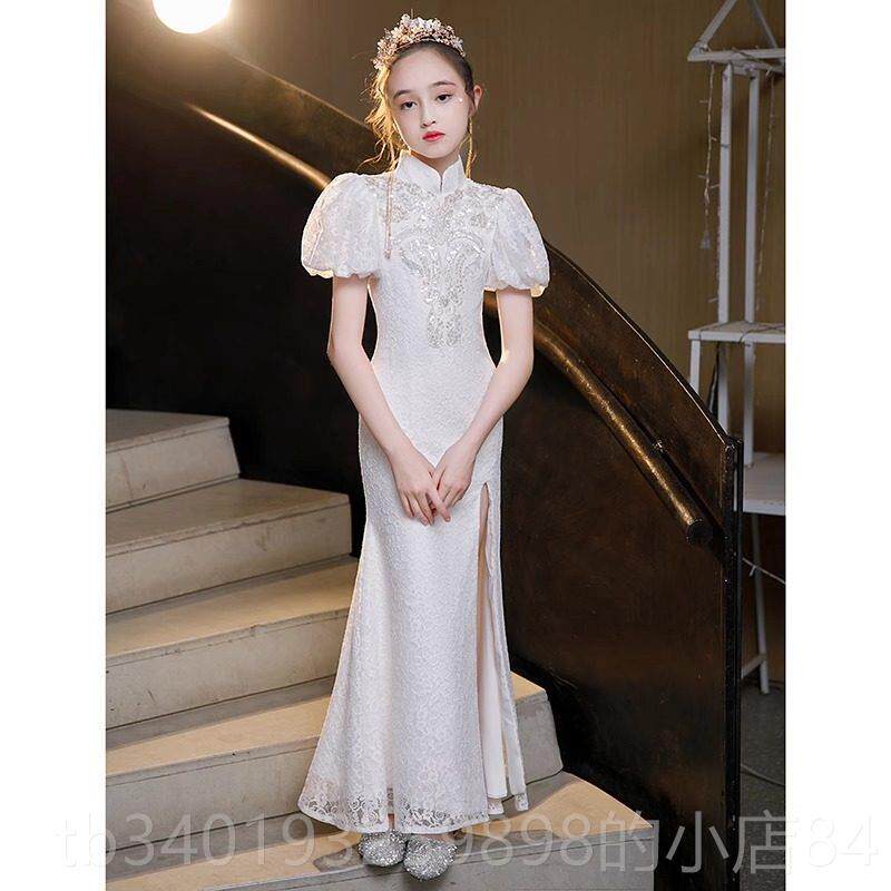 新款白色女旗持袍2025新款儿童中国风改良版主孩人童小女古筝演出